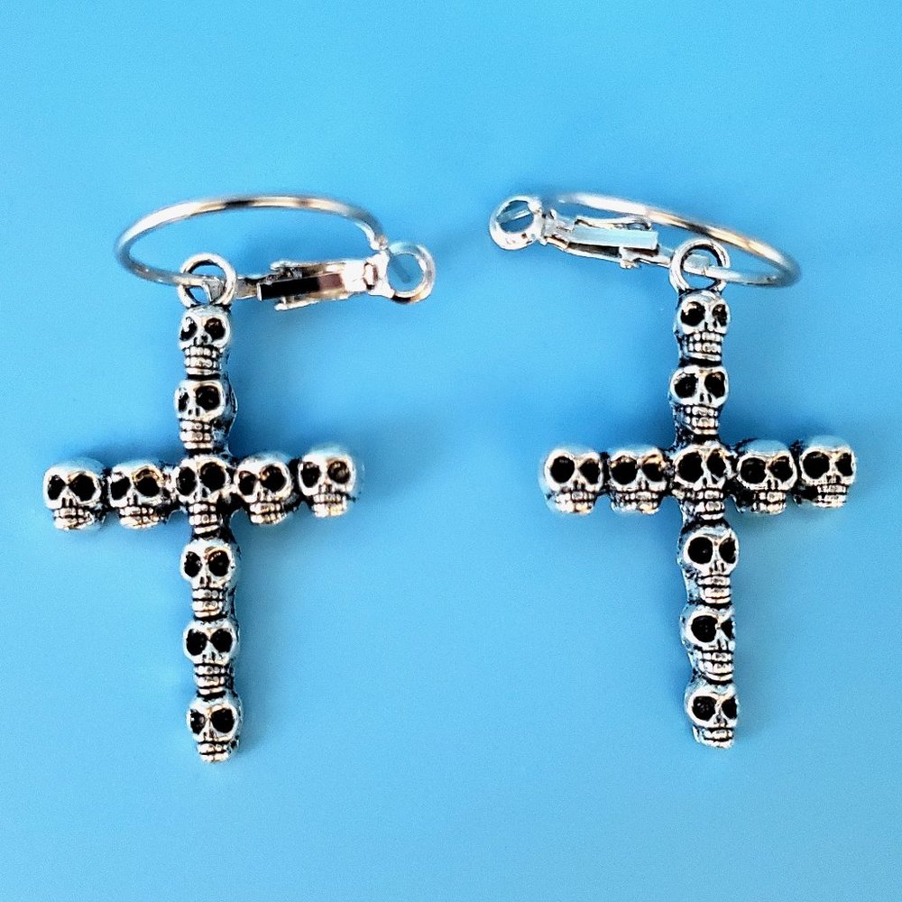 Silver Gothic Skulls Cross Earrings